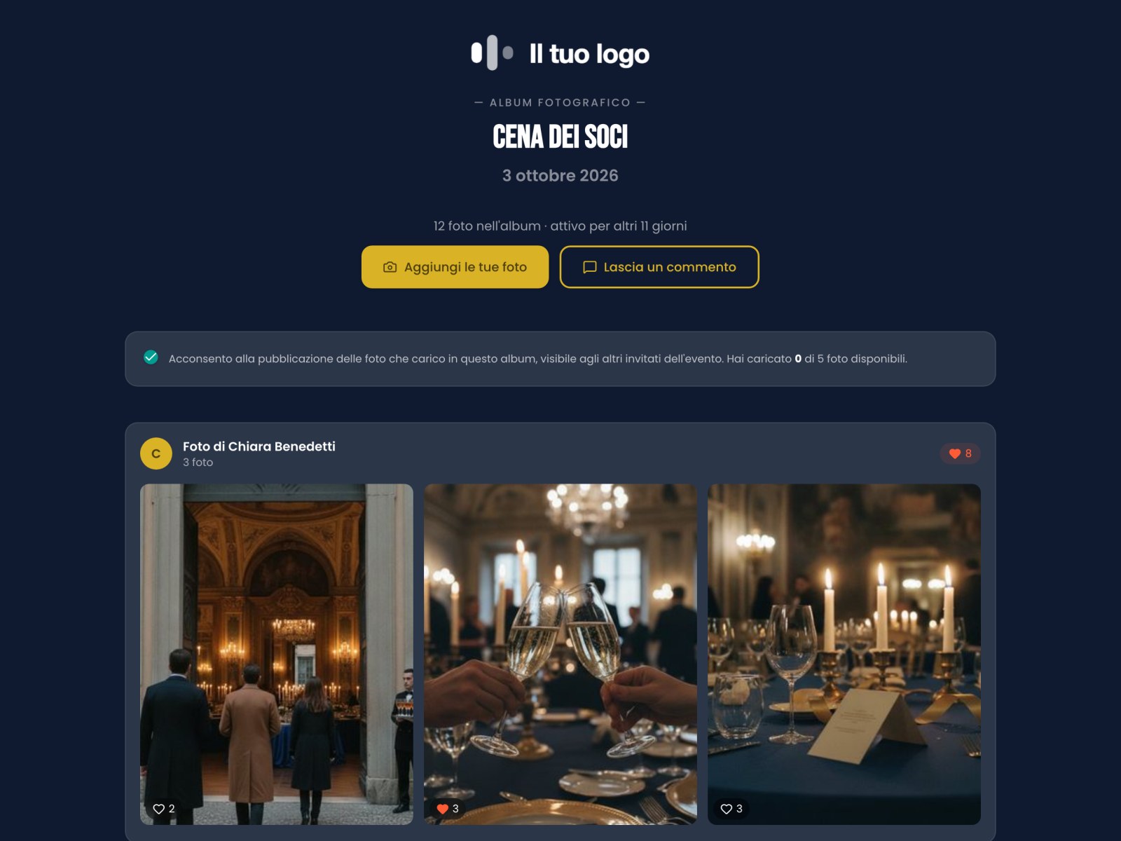 L'album di un evento sul computer: le foto caricate dagli invitati, con i «mi piace», e il pulsante per aggiungere le proprie.