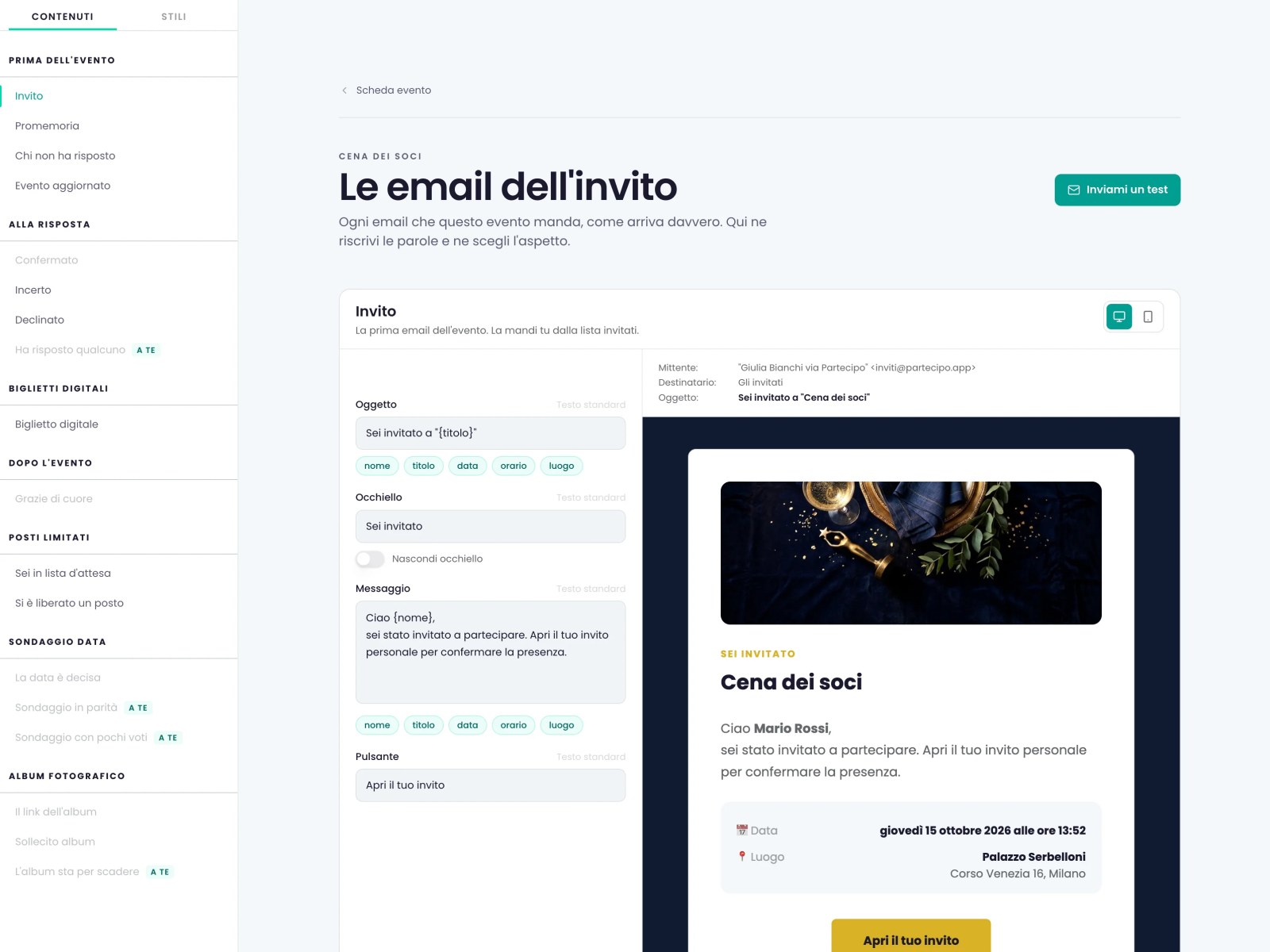 La scheda «Contenuti»: a sinistra tutte le email dell'evento, divise per momento (prima dell'evento, alla risposta, biglietti, dopo l'evento), al centro i testi dell'invito e a destra la sua anteprima.