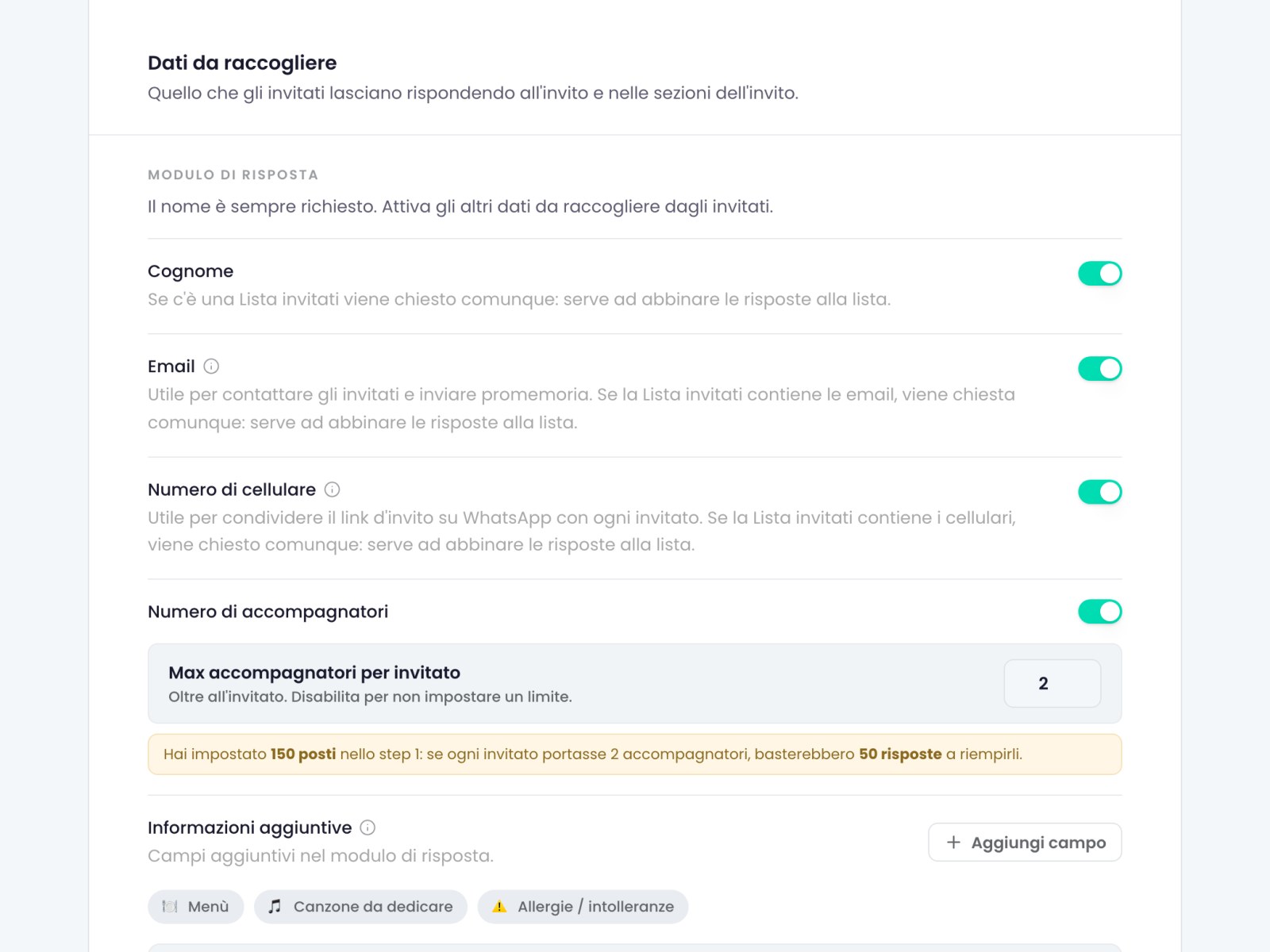 Il passo «Configura RSVP»: i dati da chiedere, gli accompagnatori e le domande pronte come menù e allergie.