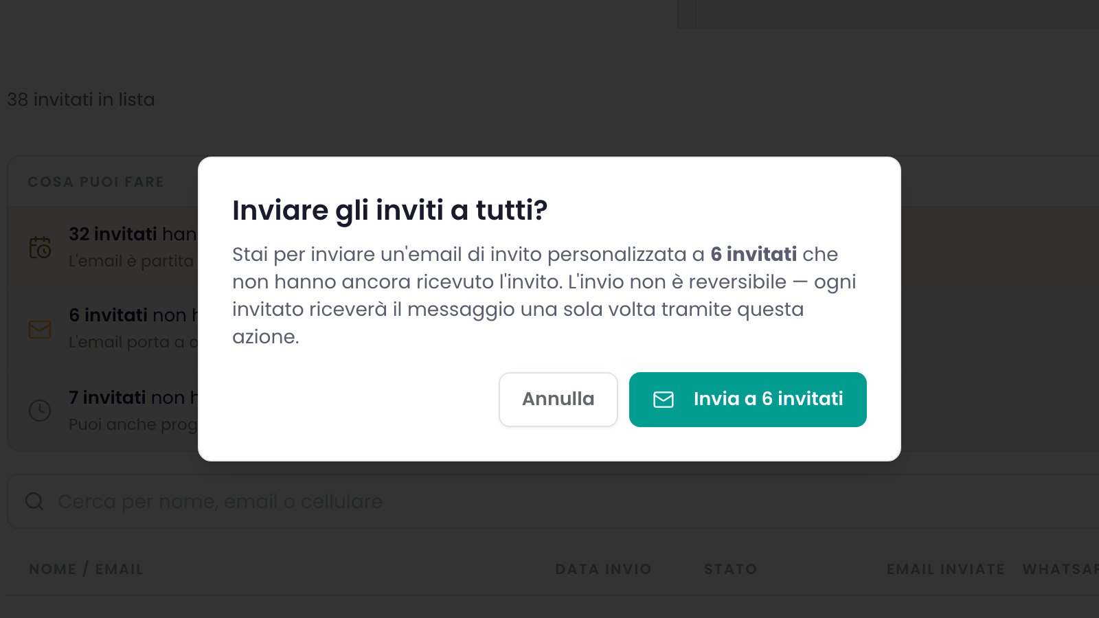 La conferma prima dell'invio: «Inviare gli inviti a tutti?», l'email con il link personale ai 6 invitati che non l'hanno ancora ricevuta.
