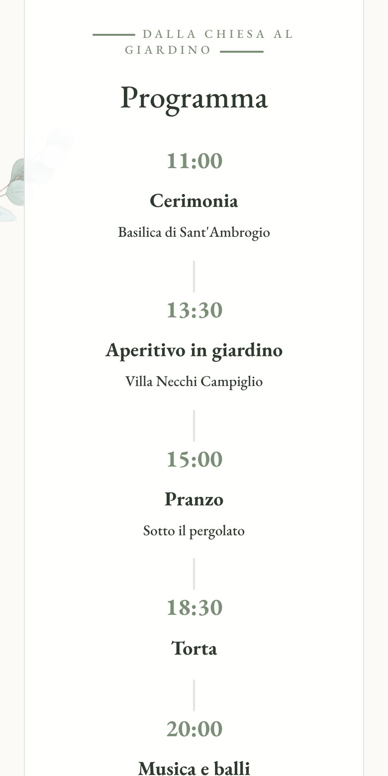 Più giù nello stesso invito, il programma della giornata: cerimonia, aperitivo in giardino, pranzo, torta.