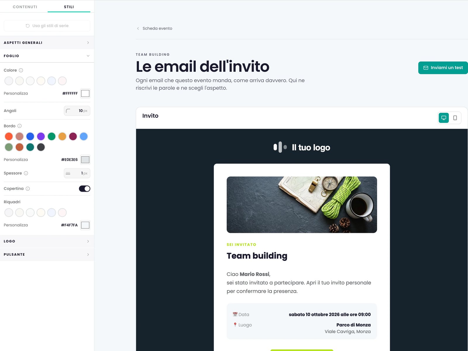 La scheda «Stili» delle email: i colori del foglio, gli angoli, il bordo, la copertina, il logo e il pulsante, con l'anteprima dell'email e il logo in testa.