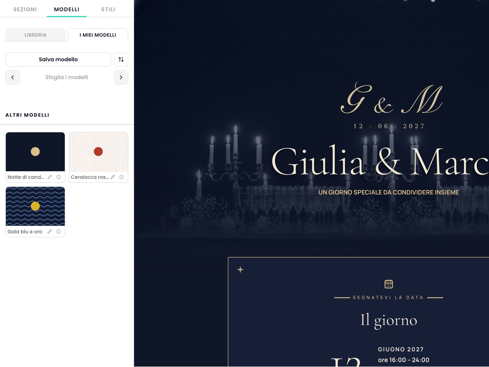 «I miei modelli» accanto all'invito: tre modelli salvati, «Notte di candele», «Ceralacca rossa» e «Gala blu e oro».